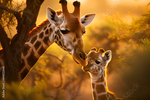 Mother giraffe takes care of her little cub close up. Touching moment of giraffe mother care. Giraffes in savannah in their natural habitat. Animals of south africa. Safari with giraffe