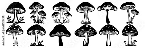 Mushroom silhouettes set, large pack of vector silhouette design, isolated white background