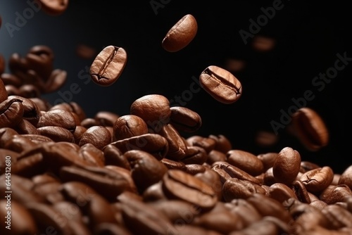 Flying coffee beans close-up. Generative AI.