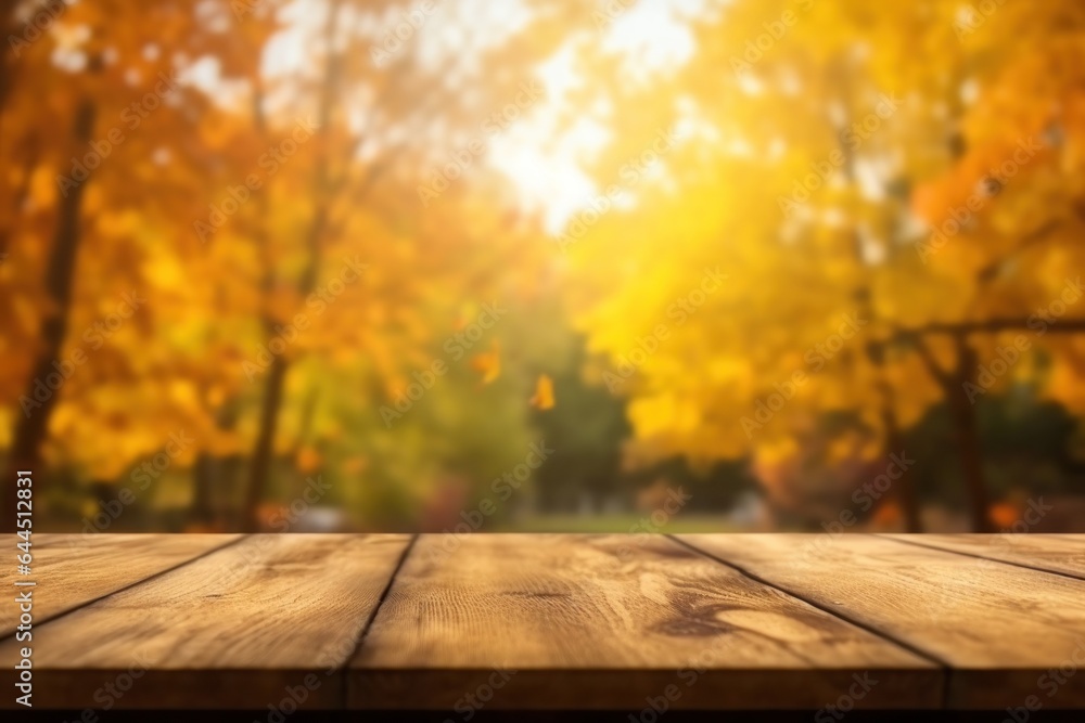 The empty wooden table top with blur background of autumn. Generative AI.