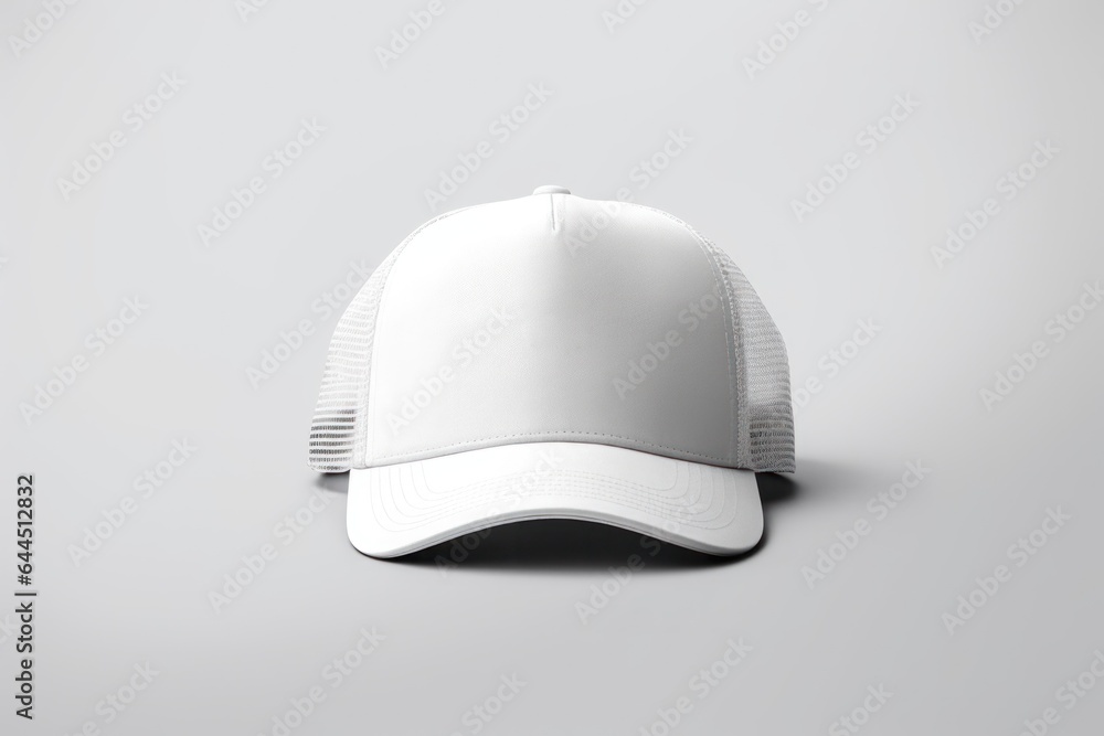 White baseball caps mockup on a grey background. Generative AI. White baseball caps mockup on a grey background. Generative AI.