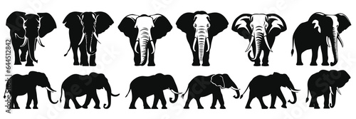 Elephant africa safari silhouettes set, large pack of vector silhouette design, isolated white background