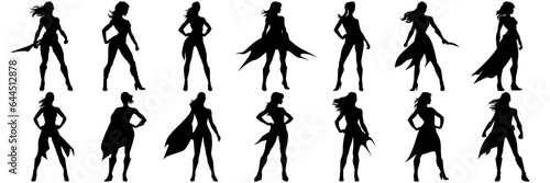 Super hero woman comic book silhouettes set, large pack of vector silhouette design, isolated white background