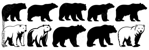 Polar bear silhouettes set, large pack of vector silhouette design, isolated white background