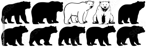 Polar bear silhouettes set, large pack of vector silhouette design, isolated white background