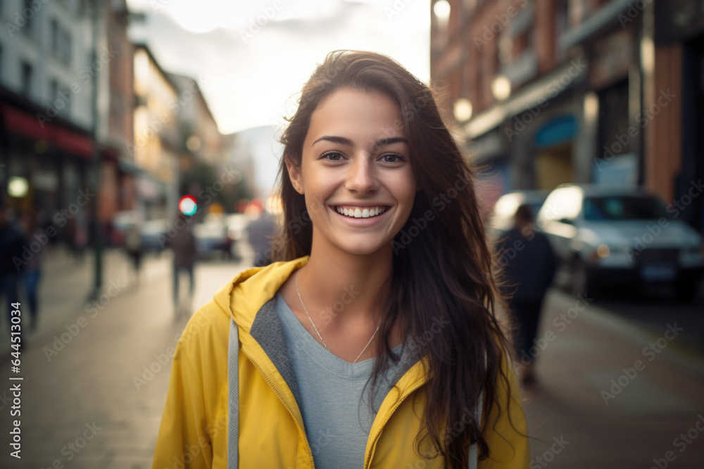 Obraz premium Portrait of beautiful young female on the city street in Bogota or Rio or Caracas