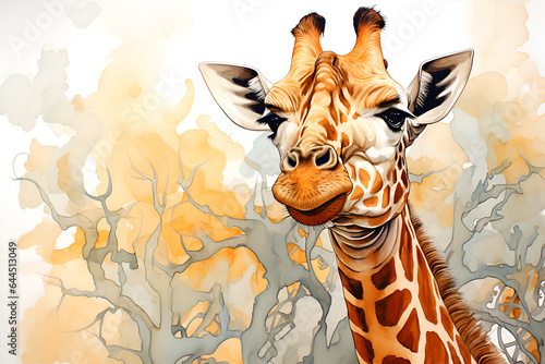 Sad Giraffe head watercolor illustration on light colored background. Realistic aquarelle giraffe's head and neck painting on light background with copy space, animal drawing. Giraffe portrait banner