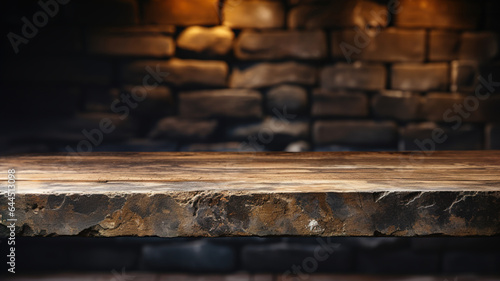 A front view of a dark gray, empty stone table with a blurry dark rock wall background, serves as a blank stone table mockup for product placement 