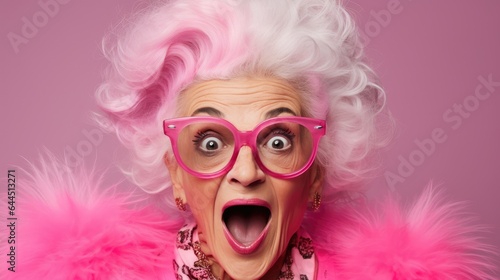 Funny and ridiculous elderly woman wearing retro style glasses. Generative AI