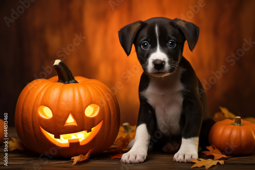 Cute black little dog sitting next to a pumpkin on wooden background, Halloween, thanksgiving concept © happy_finch