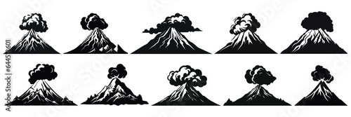 Volcano silhouettes set, large pack of vector silhouette design, isolated white background