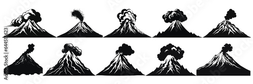 Volcano silhouettes set, large pack of vector silhouette design, isolated white background