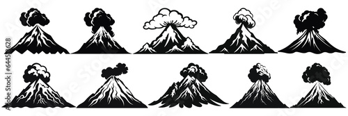 Volcano silhouettes set, large pack of vector silhouette design, isolated white background