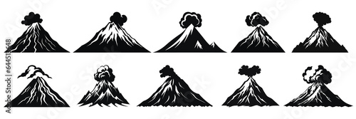 Volcano silhouettes set, large pack of vector silhouette design, isolated white background