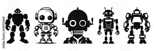 Robot silhouettes set, large pack of vector silhouette design, isolated white background