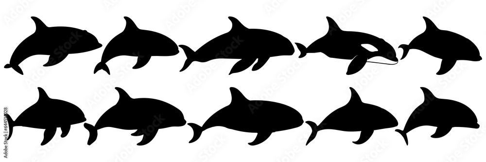 Fototapeta premium Whale orca silhouettes set, large pack of vector silhouette design, isolated white background