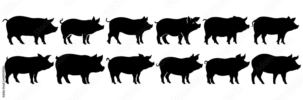 Pig farm animal silhouettes set, large pack of vector silhouette design, isolated white background