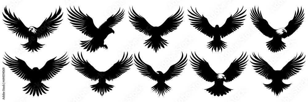 Eagle silhouettes set, large pack of vector silhouette design, isolated white background