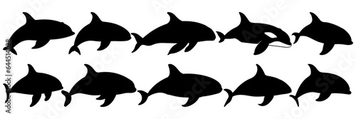 Whale orca silhouettes set, large pack of vector silhouette design, isolated white background