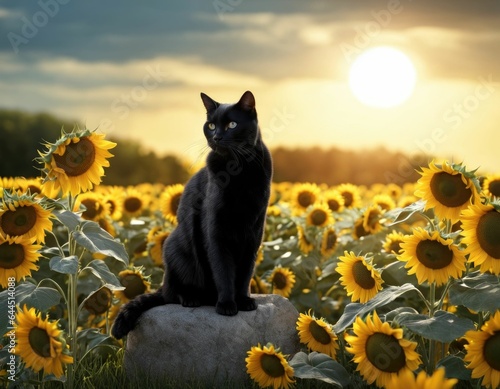 Black cat in a field of sunflowers.