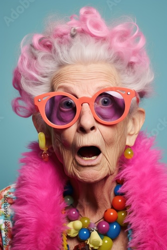 Funny and ridiculous elderly woman wearing retro style glasses. Generative AI
