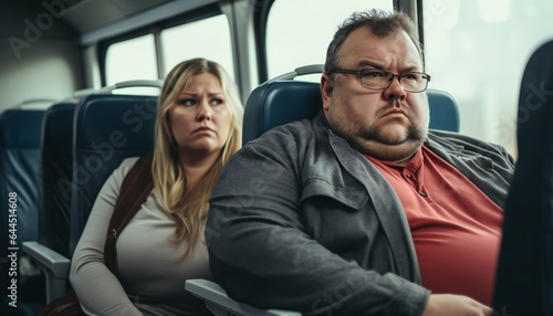 Unhappy Overweight Couple Sitting in a Modern Intercity train © kilimanjaro 