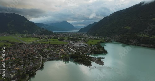 Aerial view of Bonigen, a small town along the Brienzersee Lake with rain and low clouds, Canton of Bern, Switzerland. photo