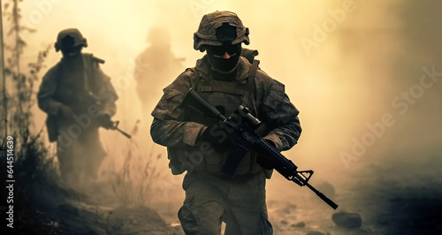 United States Marines in action. Military action, desert battlefield, smoke grenades photo