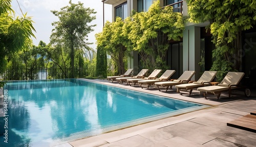 View of Outdoor Swimming Pool in Stylish Modern Hotel
