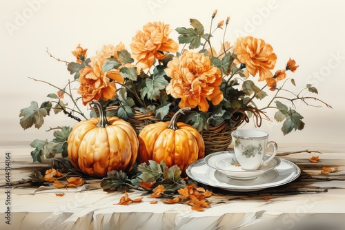 still life with pumpkins and flowers