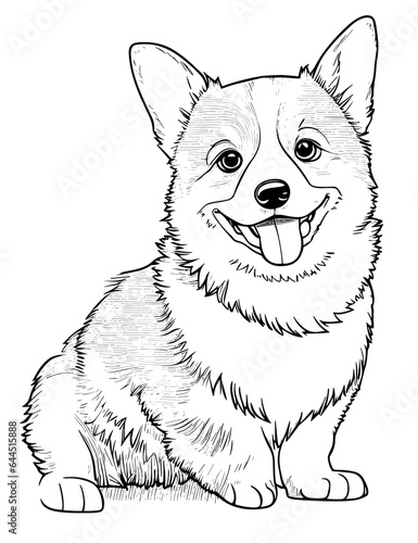 Outline drawing of a cute corgi sitting down, front view