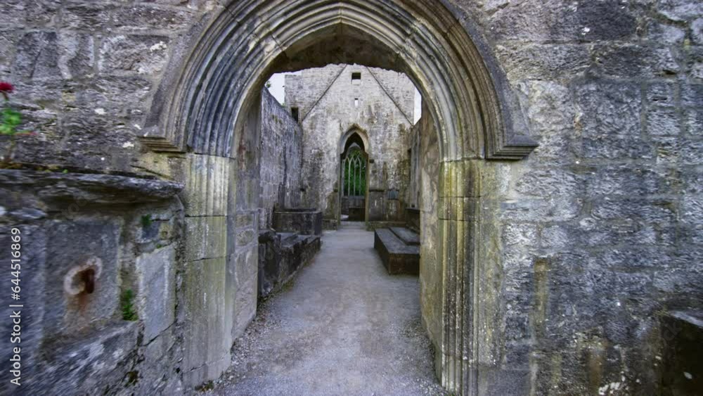 Pushing through castle ruins abbey with tombs and camera pans up revealing now roof. Pushing through castle ruins abbey with tombs and camera pans up revealing now roof.