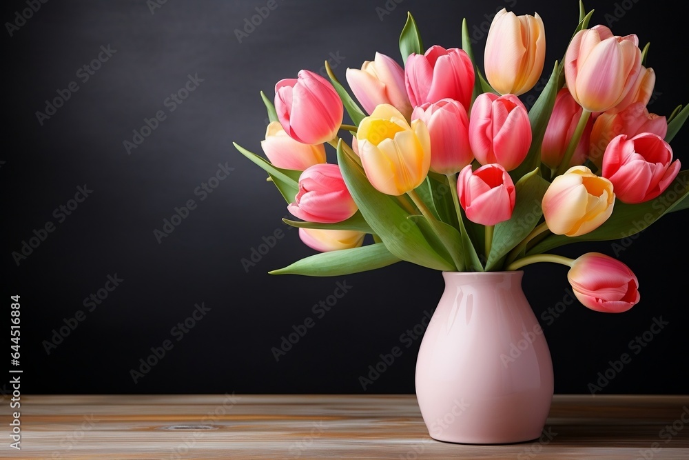 Pink tulips in a vase on a table, highlighting beauty in nature and floristry skills. Beautiful flower arrangement on a table