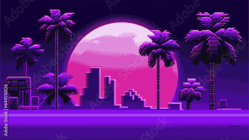 Synthwave retro 8-bit pixel art landscape with palms and moon in neon colors.