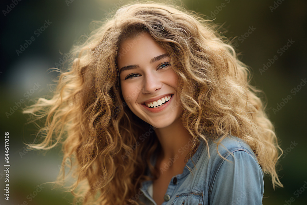 Fototapeta premium Charming young woman overjoyed in the city outdoors made by Generative AI