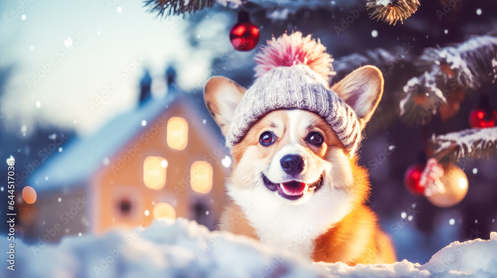Winter holiday composition with cute adorable corgi with knitted hat on blurred snowy winter landscape background with copy space. Christmas or New Year card. Cozy Christmas family vacations concept Winter holiday composition with cute adorable corgi with knitted hat on blurred snowy winter landscape background with copy space. Christmas or New Year card. Cozy Christmas family vacations concept
