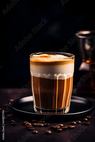 Elegant coffee with creamy layers and roasted beans around.