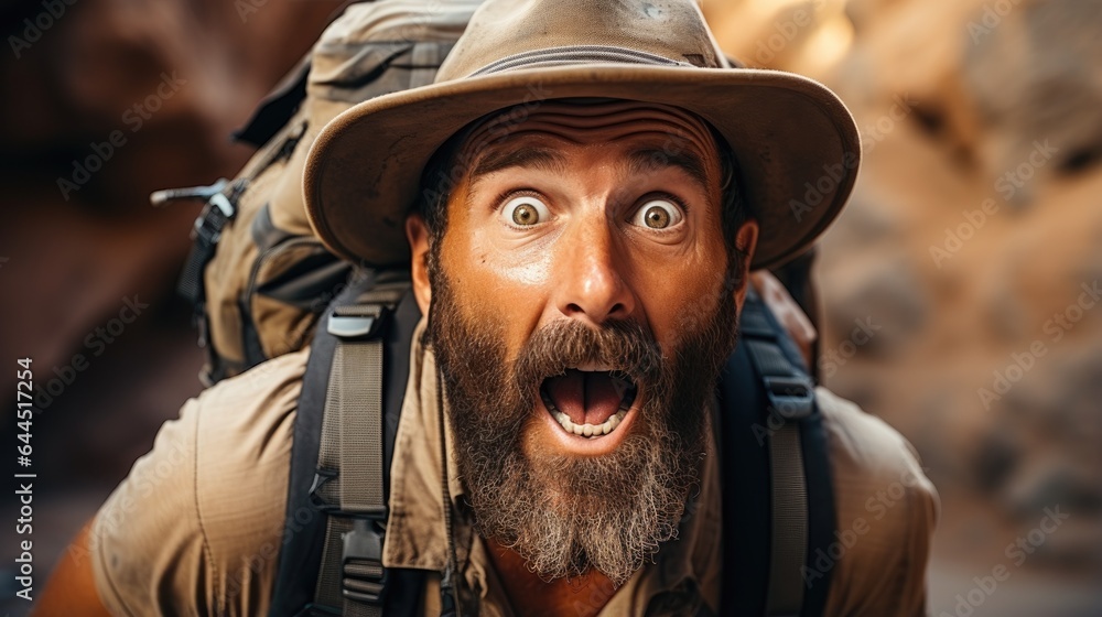 Obraz premium Funny crazy archaeologist with a backpack on his back and a funny hat. Generative AI