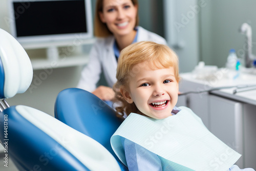 Generative AI photo of happy beautiful school aged child sitting on chair in dentist's office concept of dentist for the youngest patients