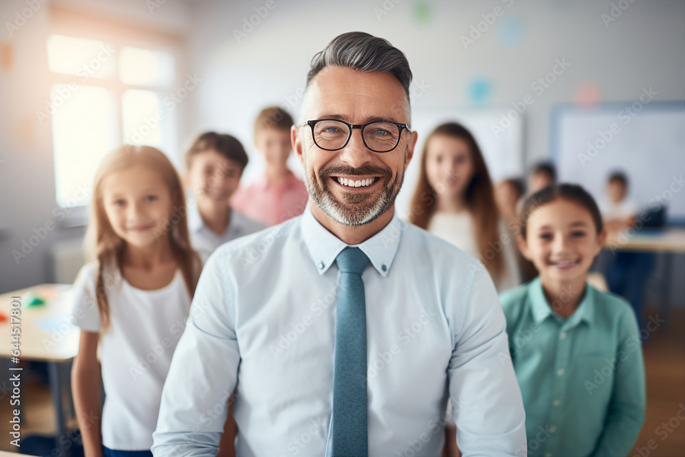 Portrait of confident teacher in the modern class room at the elementary school created by generative AI Portrait of confident teacher in the modern class room at the elementary school created by generative AI