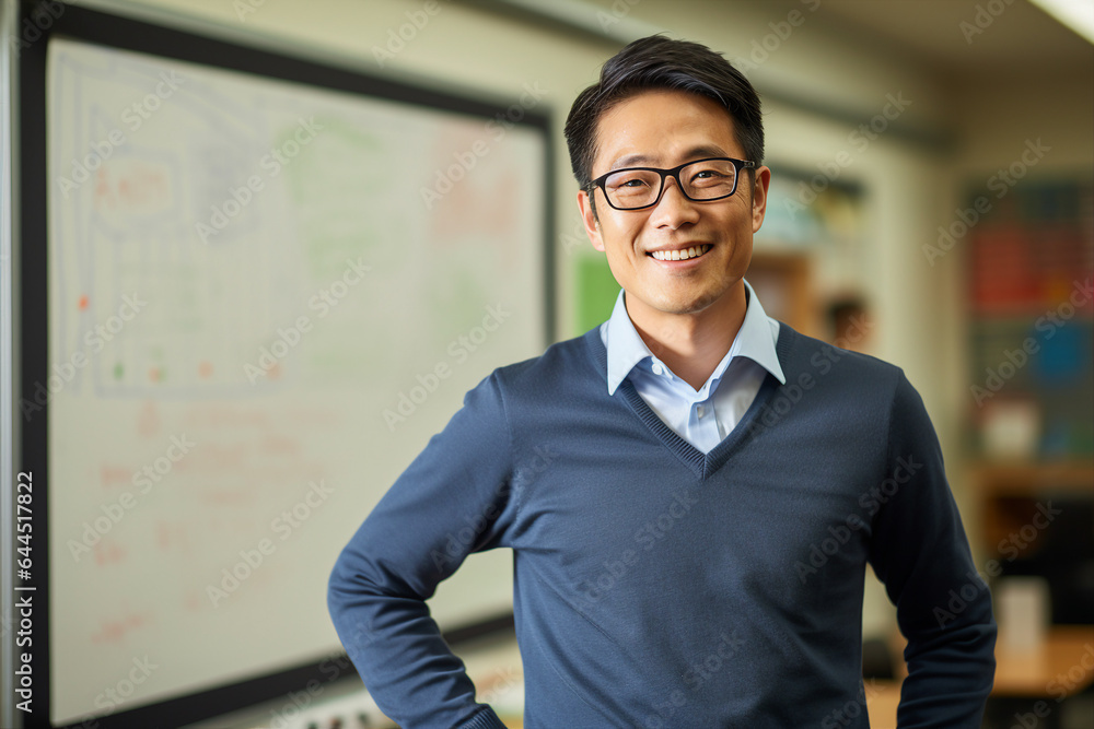 Picture made with generative AI photography of happy successsful man standing in a contemporary office looking at camera Picture made with generative AI photography of happy successsful man standing in a contemporary office looking at camera