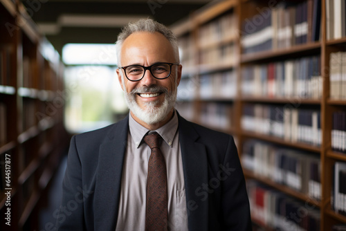 Photo generative AI concept of handsome clever wise man professional lecturer in library bookshelf blurred background