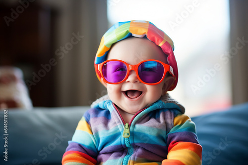 Image photo of joyful happy sunny kid in big trendy vibrant sunglasses generative AI concept