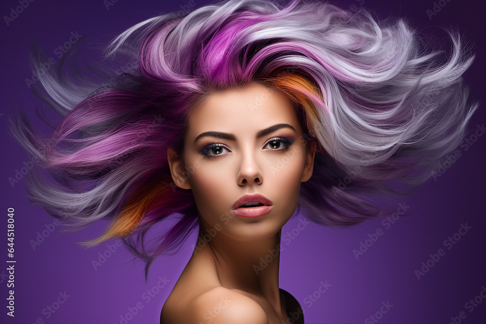 Generative AI portrait of natural beauty woman model showing flattering bright violet dyed hairstyle Generative AI portrait of natural beauty woman model showing flattering bright violet dyed hairstyle