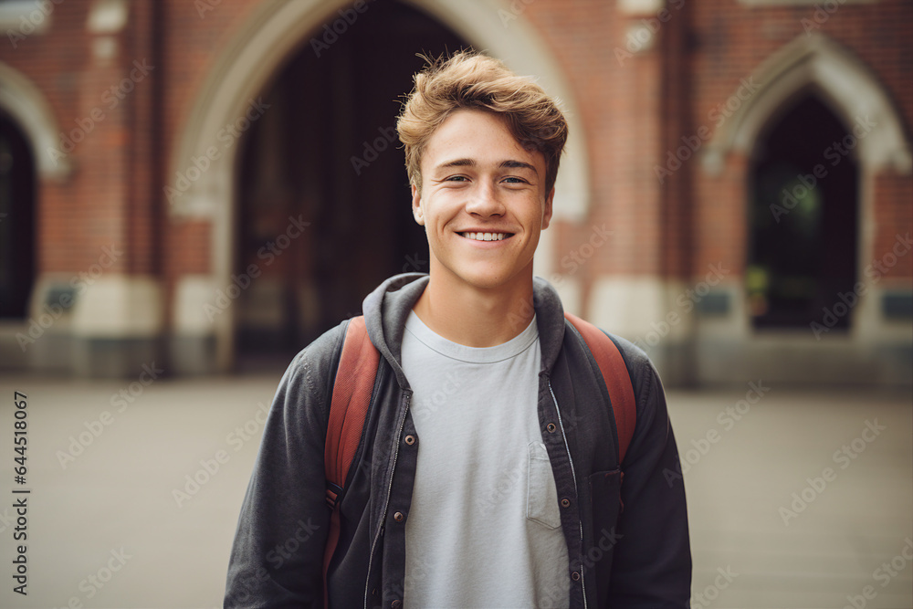 Generative AI photography of happy cheerful male graduate going to school on a sunny september day