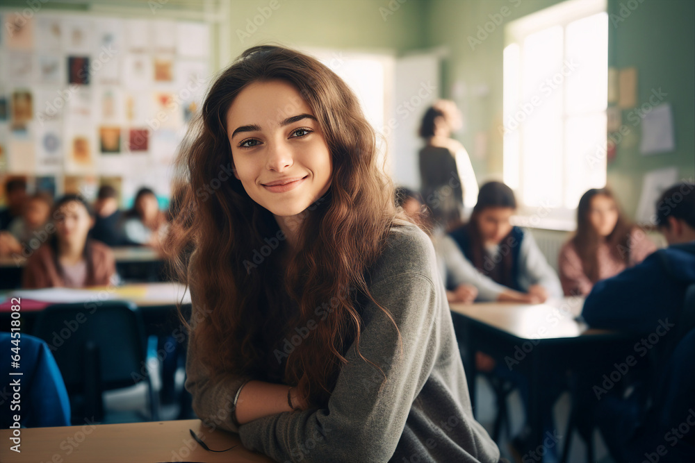 Photography generative AI concept of lovely girl high school student sitting at the table in classroom during lecture Photography generative AI concept of lovely girl high school student sitting at the table in classroom during lecture