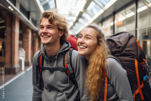 Two young backpackers are on Amsterdam train station