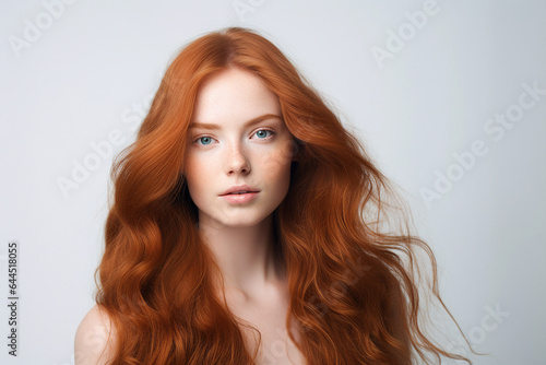 Generative AI portrait of fashion model red hair girl advertising hair coloring salon