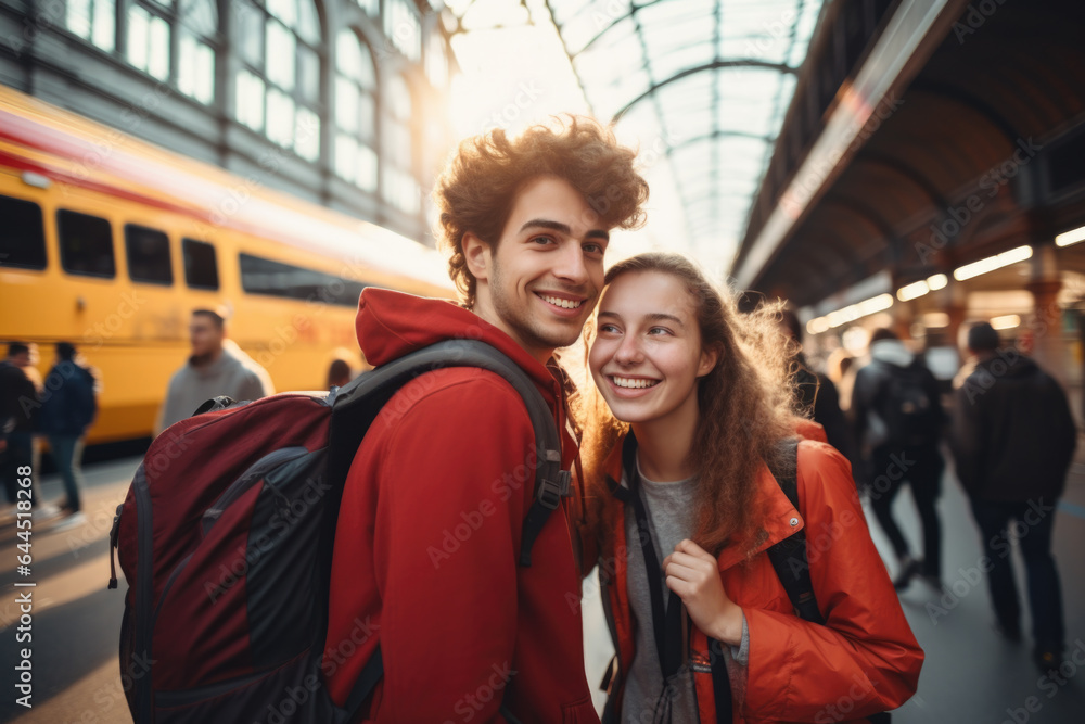 Two young backpackers are on Amsterdam train station Two young backpackers are on Amsterdam train station