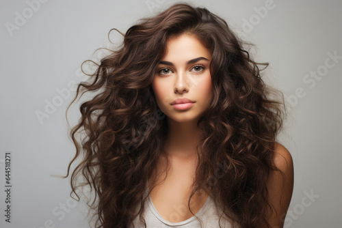 Young model girl with amazing stunning long curls hairstyle Generative AI